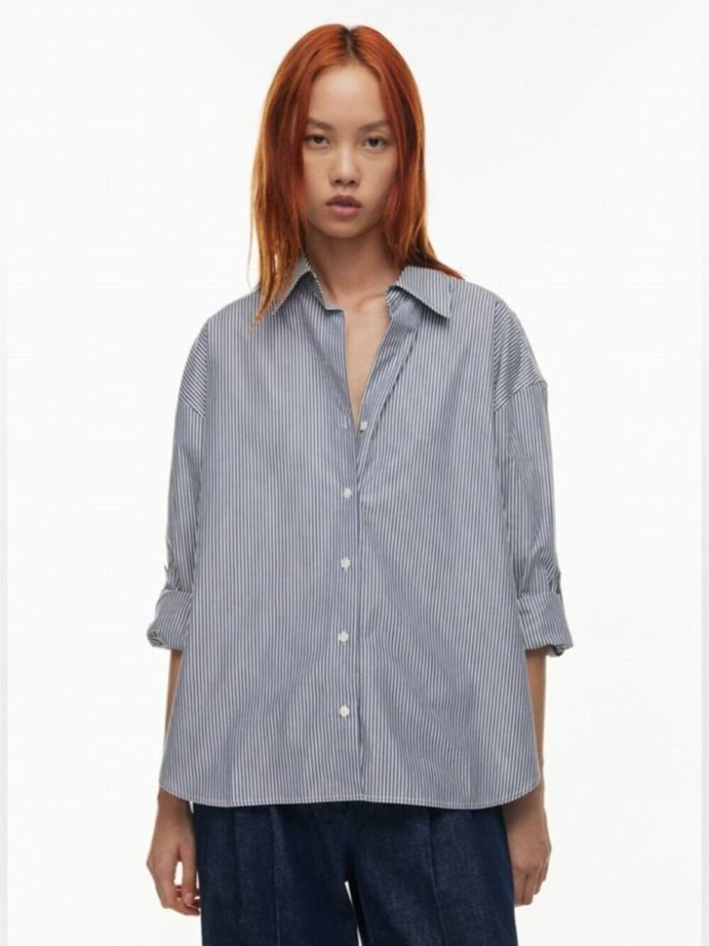 Aritzia Babaton Archive Poplin Shirt Oversized Mila Ink Navy/White Size Small - Picture 2 of 10